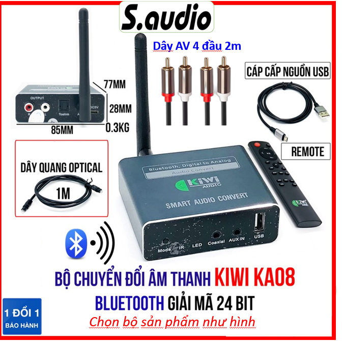 Kiwi KA08 - Bộ Chuyển Âm Thanh Optical Ra Analog Có Điều khiển từ xa cân chỉnh Treble, Bass, Volume có Bluetooth | Chính Hãng Kiwi