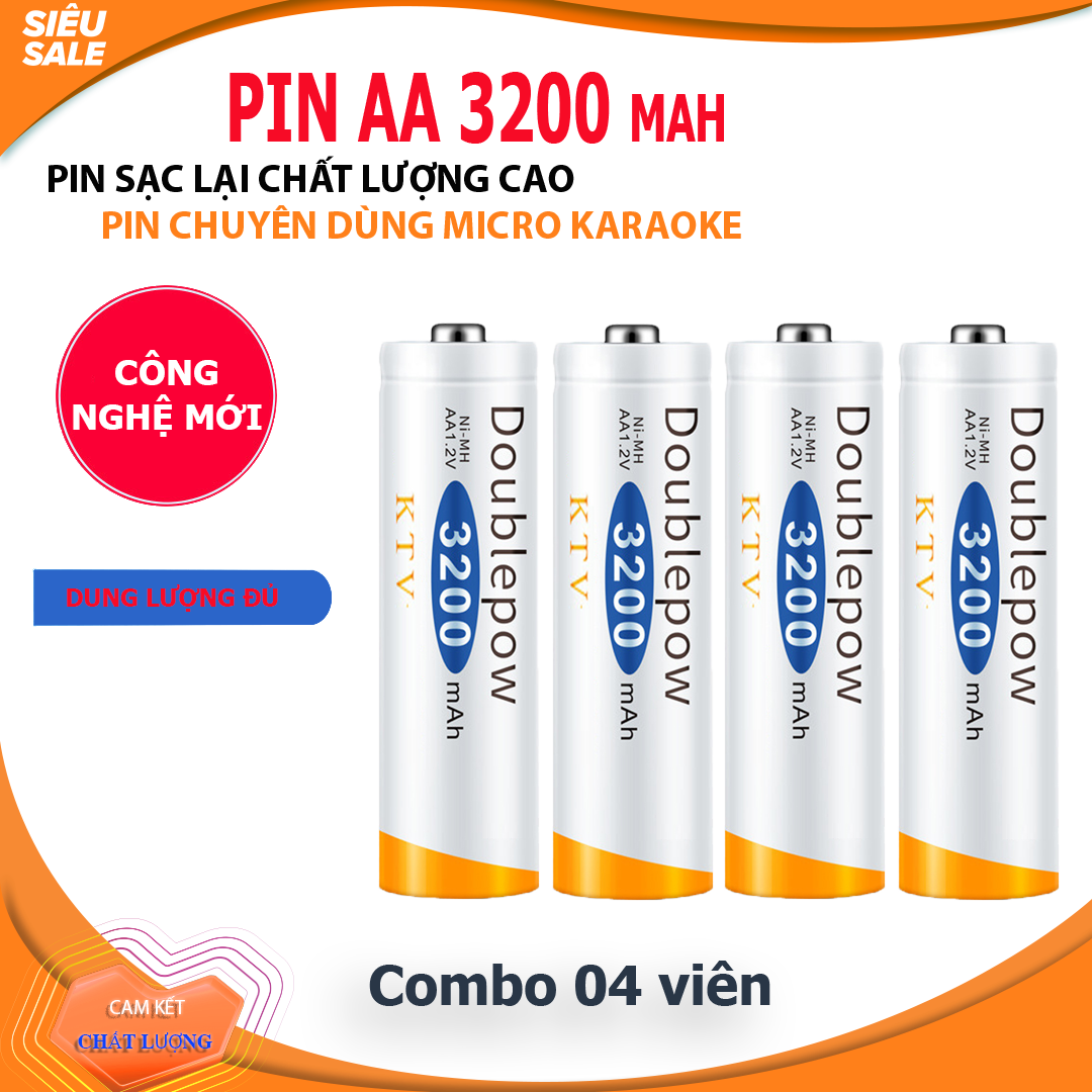 Hộp 4 viên Pin sạc lại AA 3200mAh - pin chuyên dụng Micro Karaoke dung lượng thực Doublepow (màu trắng cam)