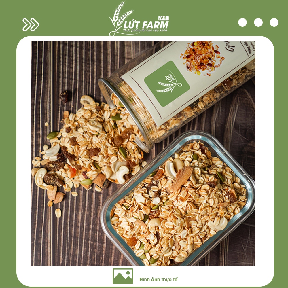 Granola lứt farm hũ 500gr, ngũ cốc hạt điều, hoa quả sấy, gạo lứt...