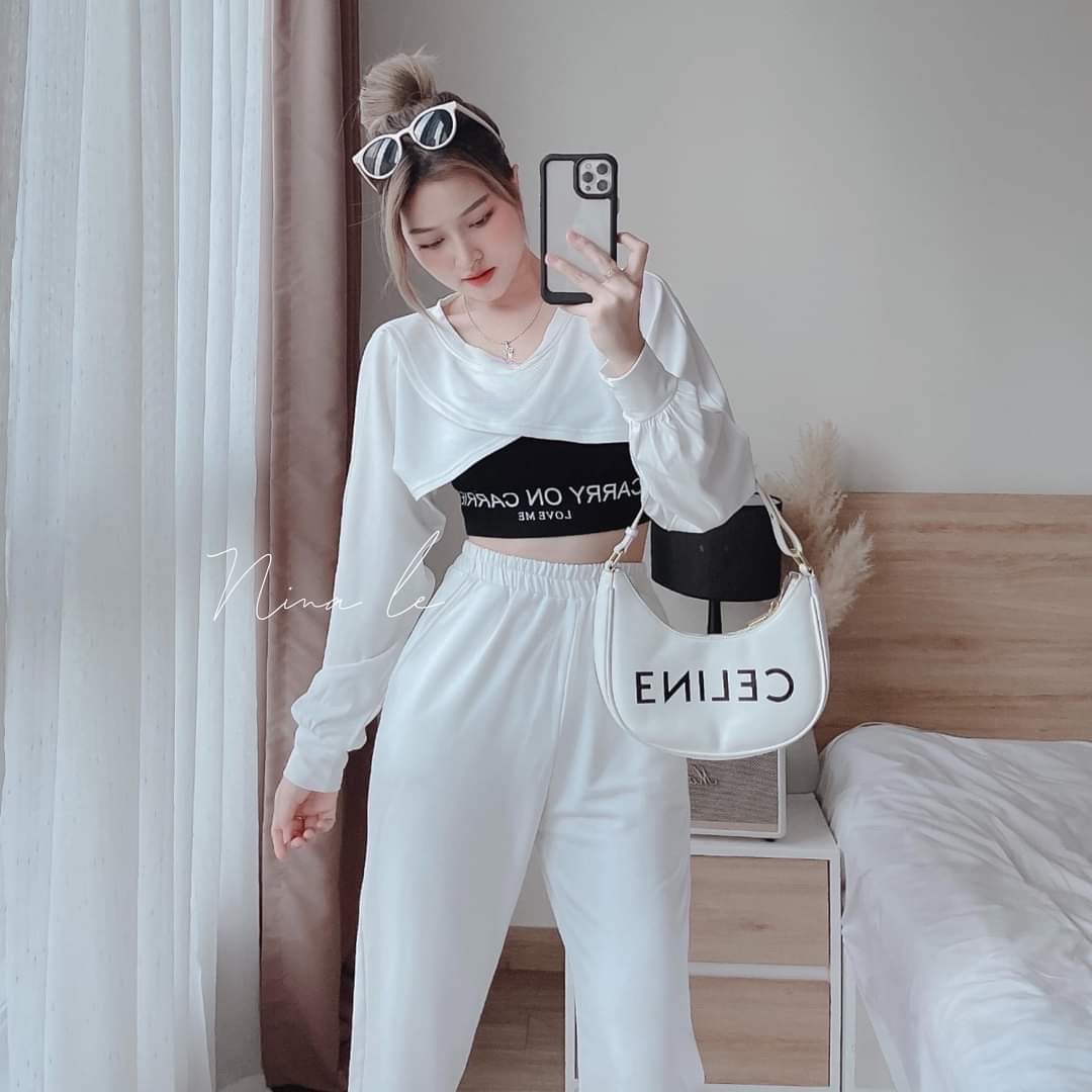 Set bộ đồ nữ áo tay dài croptop trẻ trung thời trang phối quần dài tôn dáng cá tính siêu xinh, set bộ sang chảnh cá tính áo tay dài croptop áo trong 3 lỗ thời trang phối quần dài