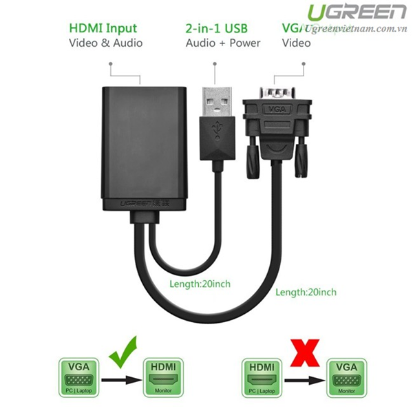 Cáp chuyển đổi vga sang hdmi ugreen 40213 - vga to hdmi - hàng chính hãng