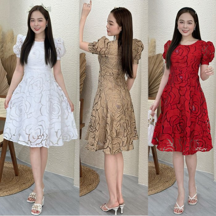 Đầm xòe tapta vân hoa hồng, tay phồng Misa - MS0258