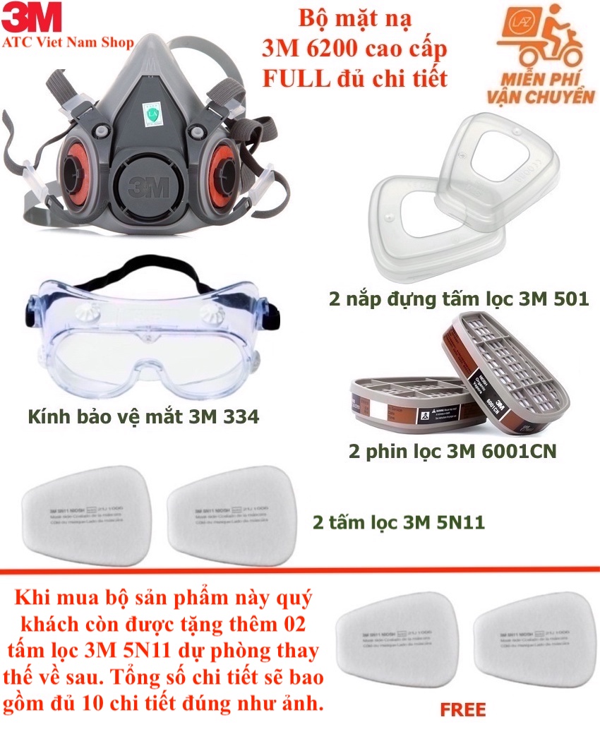 Mặt nạ 3M 6200 hoặc 3M 6100 phin lọc 6001CN (Hoặc 3M 6003) bộ full chi tiết + Kính 3M 334 hoặc 3M SF201AF cao cấp kháng bụi siêu mịn PM2.5, chống virus, phòng độc chống cháy, hỏa hoạn, phun sơn, phun thuốc trừ sâu đa năng chuyên dụng