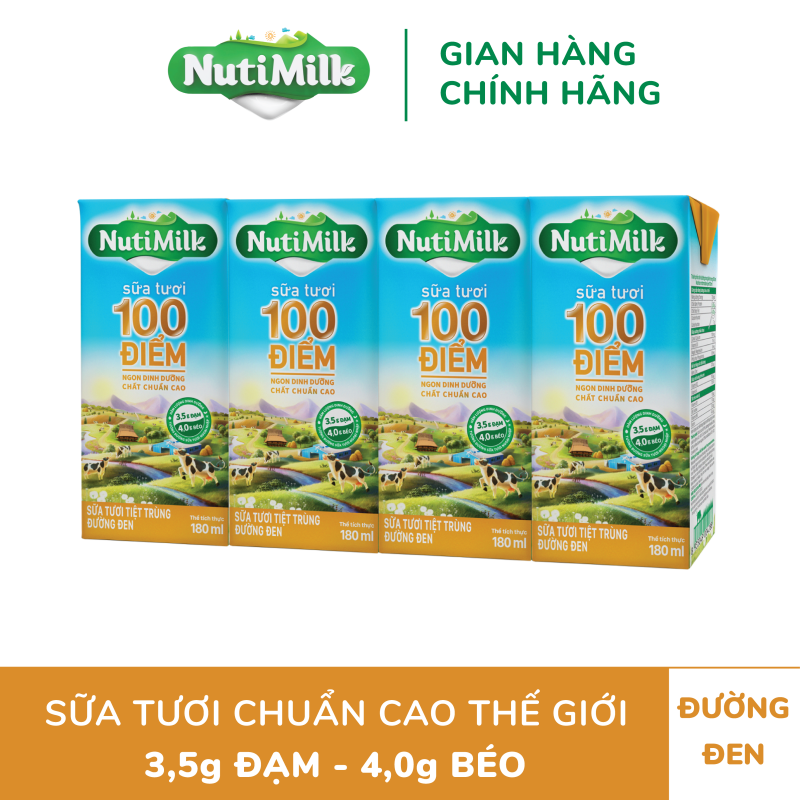 [MIỄN PHÍ SHIP ĐƠN HÀNG TỪ 49K] Combo 4 hộp Sữa tươi đường đen 100 điểm NutiMilk  - Sữa tươi chuẩn cao thế giới hương vị thơm ngon NT01CRN 180ml - Thương Hiệu NUTIFOOD -CIRINO