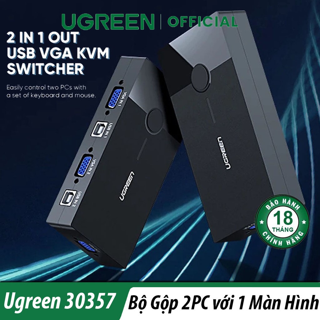 Bộ chuyển tín hiệu 2 cpu dùng 1 màn hình - kvm switch với usb cho chuột và bàn phím ugreen 30357 chính hãng