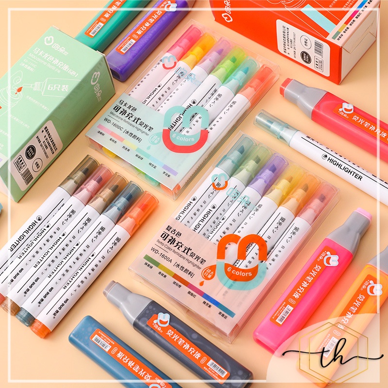 Bút dạ quang, highlight, dấu dòng màu nổi pastel 6 bút TEHI