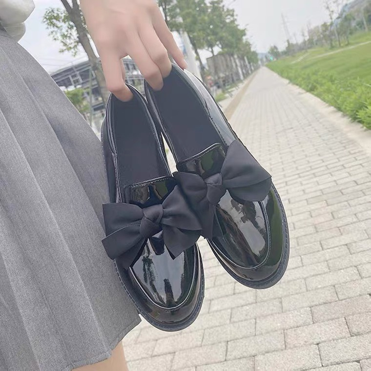 Giày búp bê nữ đế đốc 3p nơ lụa da bóng dễ vệ sinh