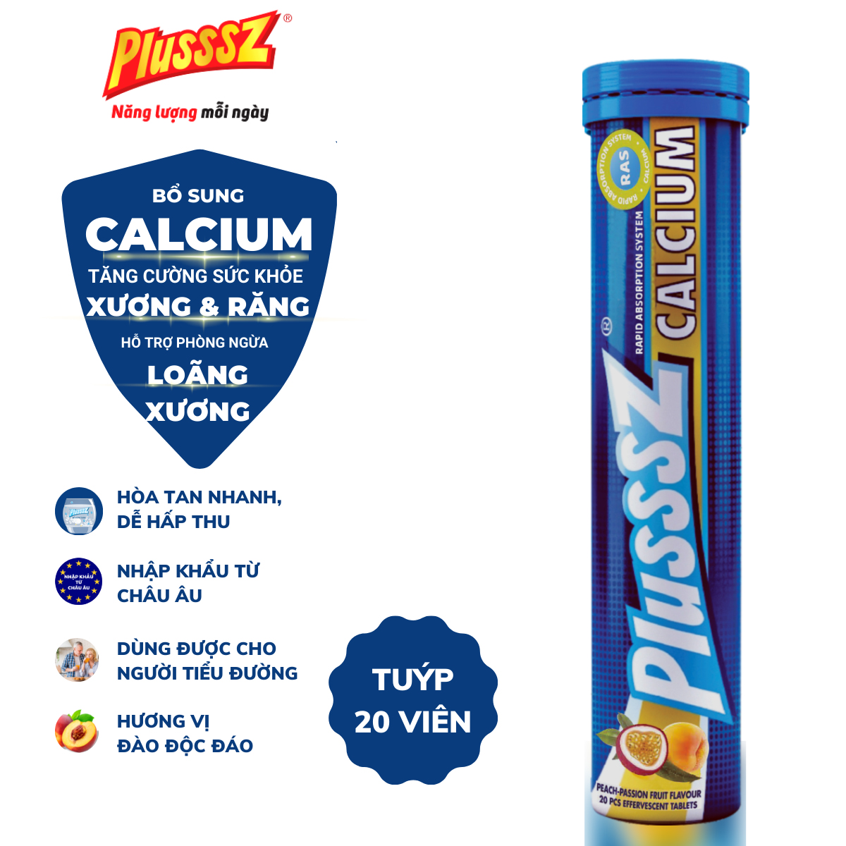 Viên sủi Plusssz Calcium vị Đào & chanh dây  bổ sung canxi hữu cơ ngăn ngừa nguy cơ loãng xương