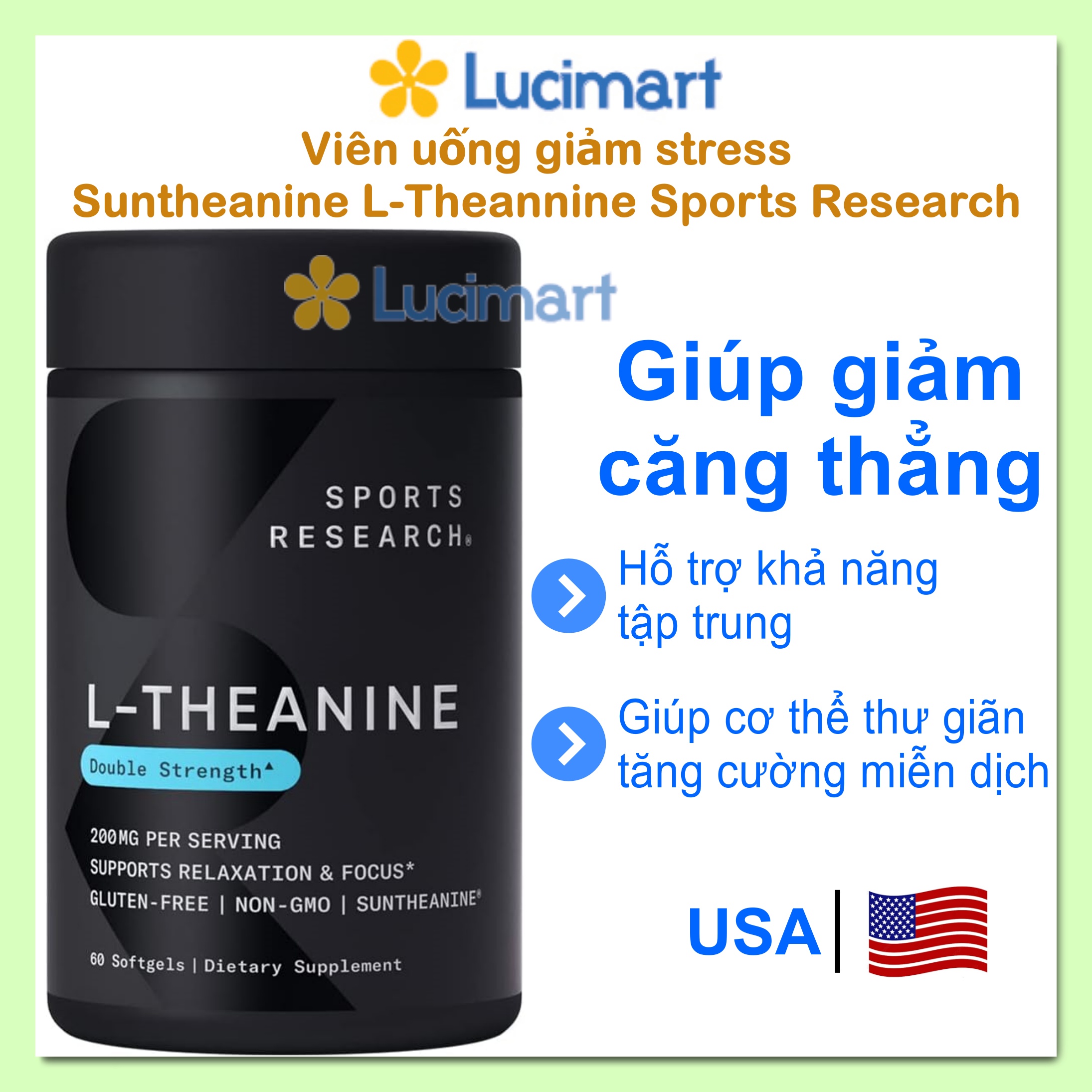 Viên uống giảm stress Suntheanine L-Theanine Sports Research hũ 60 viên [Hàng Mỹ]