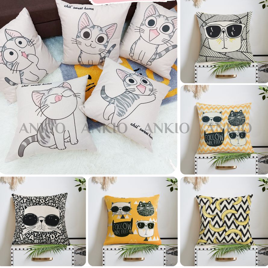 Vỏ gối tựa lưng, gối sofa, gối trang trí, gối vuông, gối văn phòng - sofa pillow covers- sofa pillowcase họa tiết Mèo Đáng Yêu (Giá chỉ gồm vỏ gối) - The Peace House