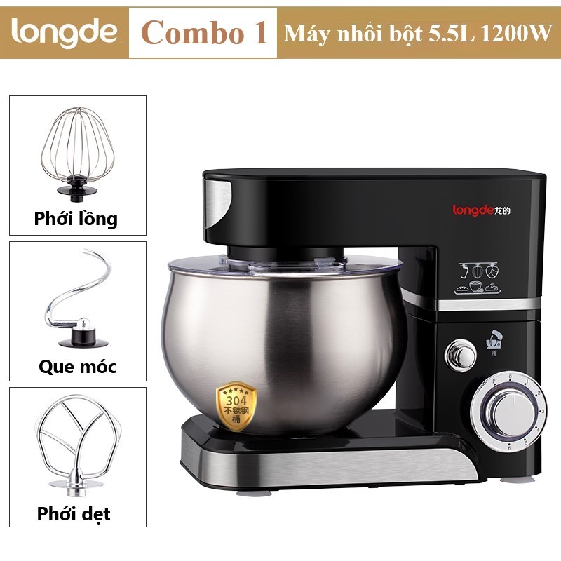 Máy nhồi trộn bột inox 304 5.5l 1200w 6 chế độ. máy đa năng đánh trứng, đánh kem, làm giò sống, chà bông, bánh dày