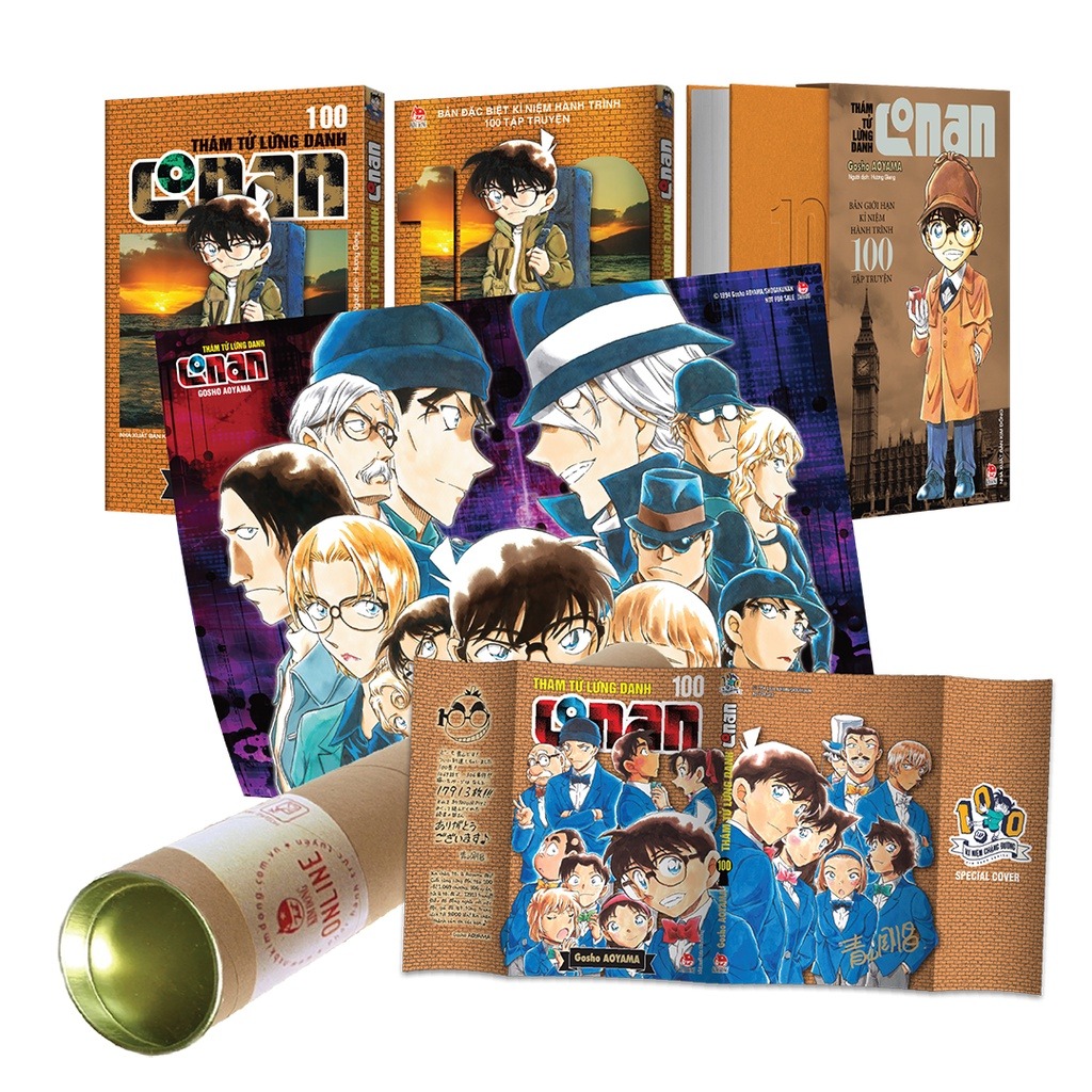 Thám tử lừng danh conan - tập 100 bìa áo limited + poster + ống