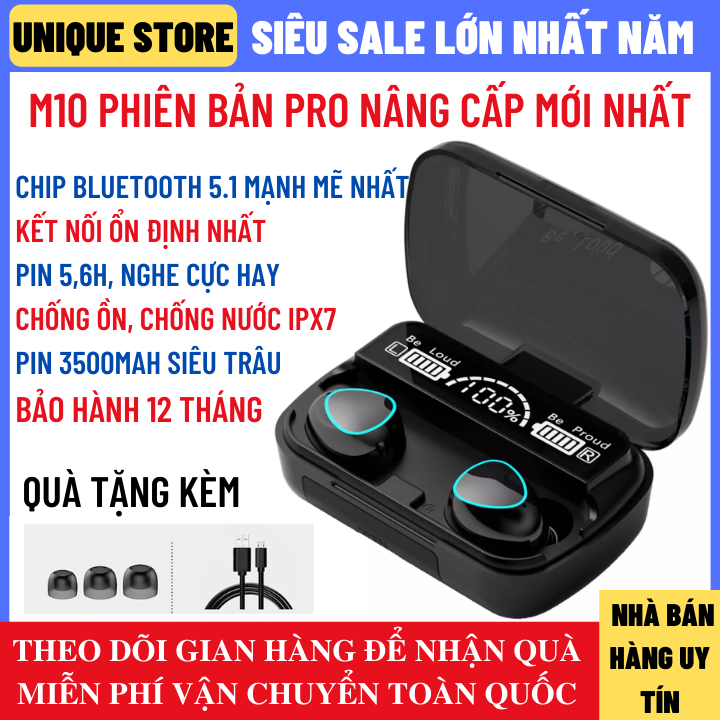 Tai Nghe Bluetooth M10 Phiên Bản Pro Nâng Cấp Chip 5.1 Mạnh Mẽ Đỉnh Cao Pin Trâu 3500Mah Thiết Kế Hiện Đại Hỗ Trợ Mọi Dòng Máy, Tai nghe nhét tai, Tai nghe nhạc pin trâu