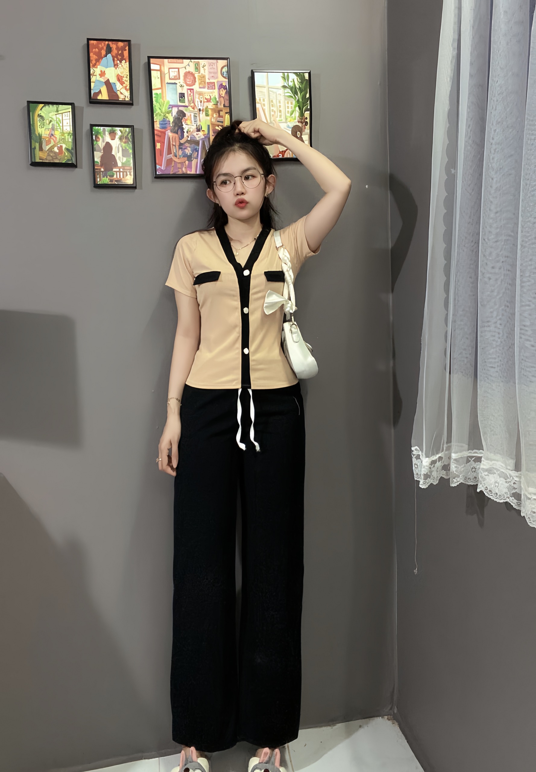 Set Bộ Nữ Ống Rộng Xuông Mix Áo Cổ Tim Co Giản 4 Chiều Thun Top Thun Top