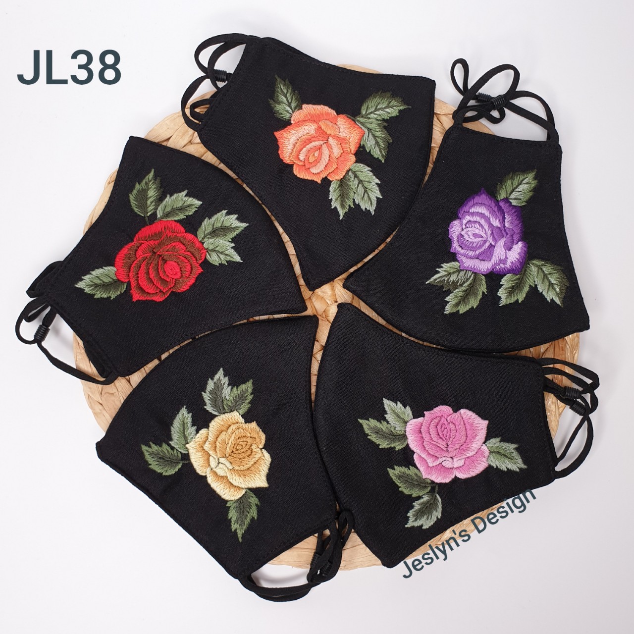 Khẩu trang thêu tay vải linen hoa hồng lớn JL38