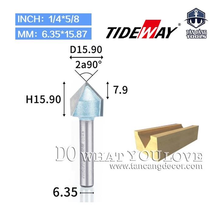 Mũi router tideway đánh rãnh v 90 độ 15.9 mm cốt 6.35 mm