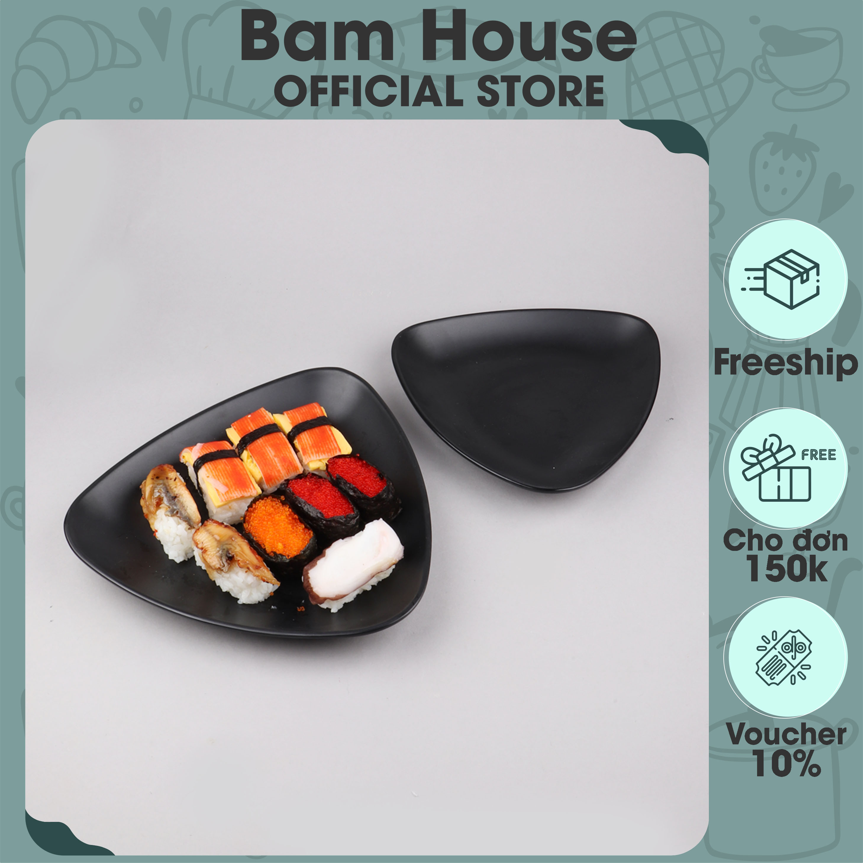 Dĩa nhựa tam giác Bam House chất liệu melamine đen nhám 22x22cm cao cấp DTG02 - Dĩa tam giác Dia Tam Giac