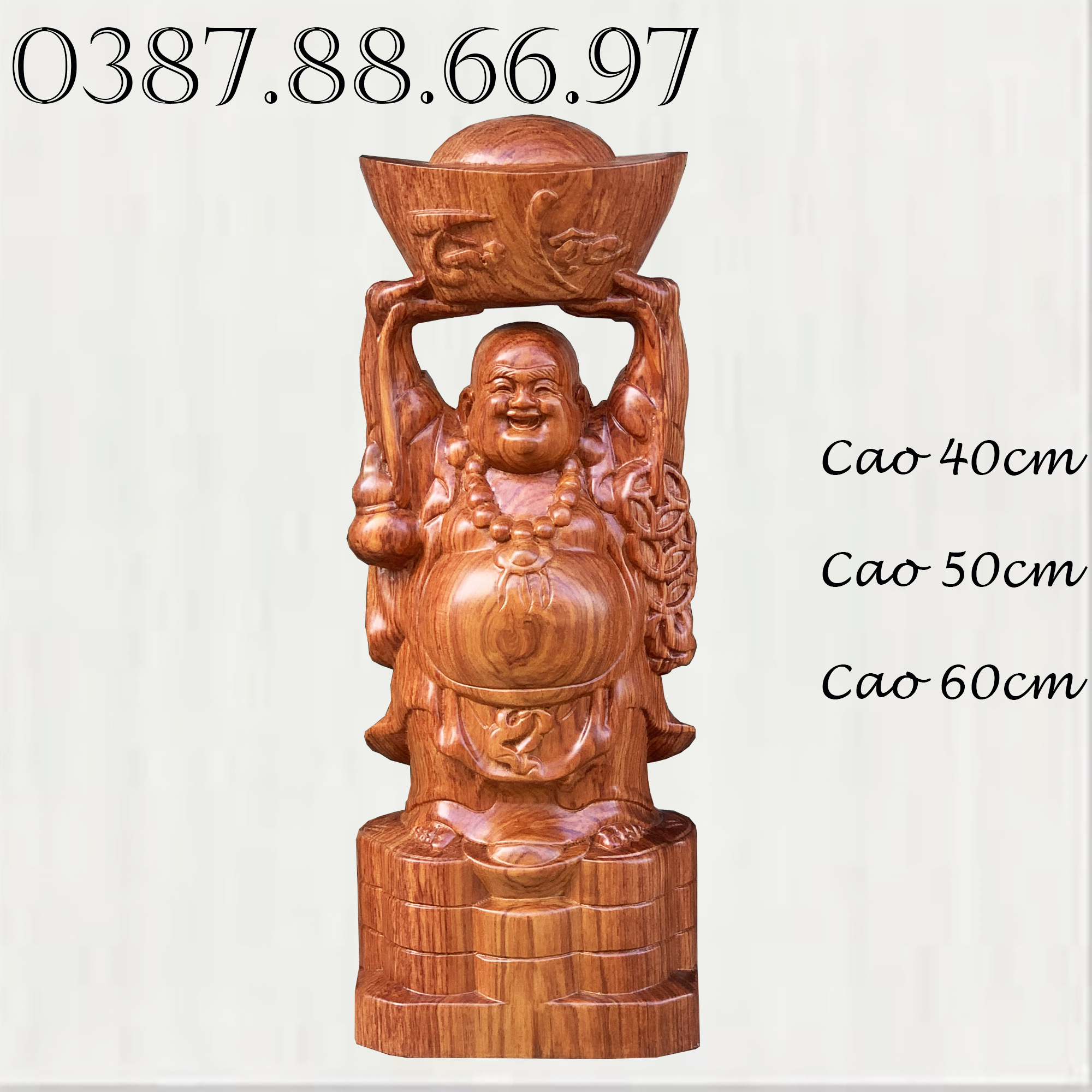 Tượng phật di lặc bưng vàng cao 40cm-->60cm chất liệu gỗ hương cực đẹp