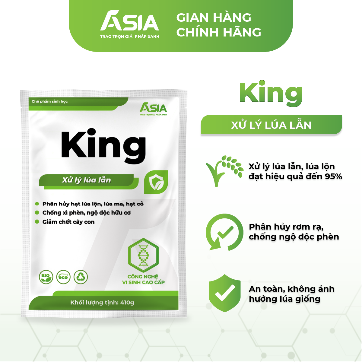 King xử lý lúa lộn, lúa ma, lúa lẫn, lúa 2 tầng chế phẩm sinh học asia 410g