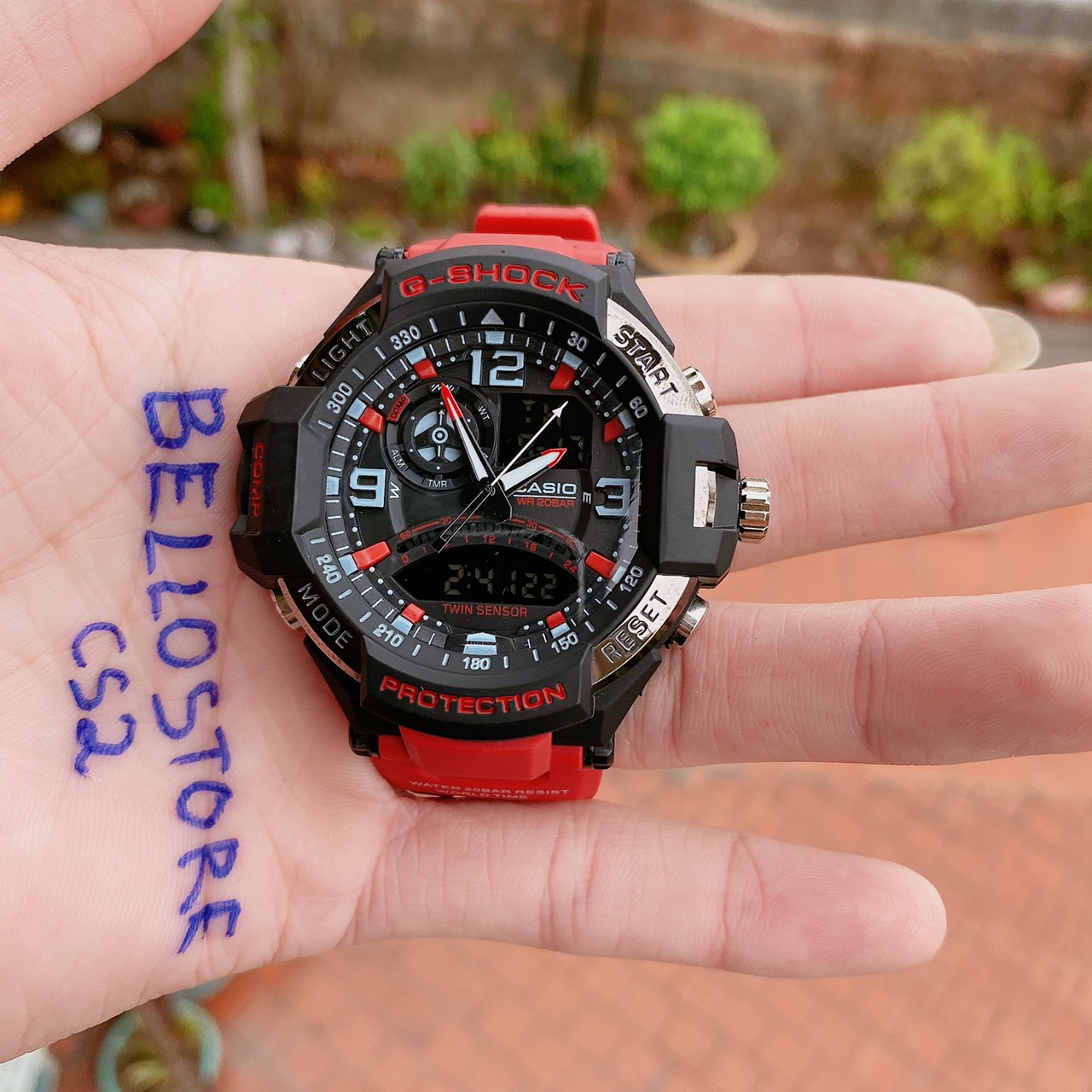 Đồng hồ thể thao G-Shock GA-1000 Màu Đỏ Mặt Đen dây cao su viền thép,GShock GA1000 kim điện tử chống nước 200m