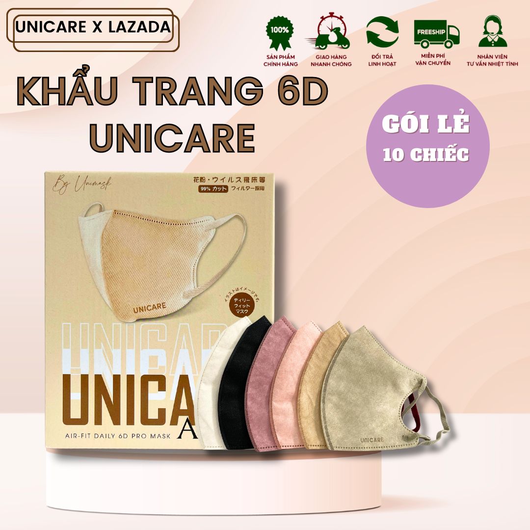 Gói lẻ 10 chiếc khẩu trang UNICARE 6D 6 màu thời trang, Khẩu trang chính hãng 3 lớp, Khẩu trang kháng khuẩn, Khẩu trang kháng bụi siêu mịn thế hệ mới