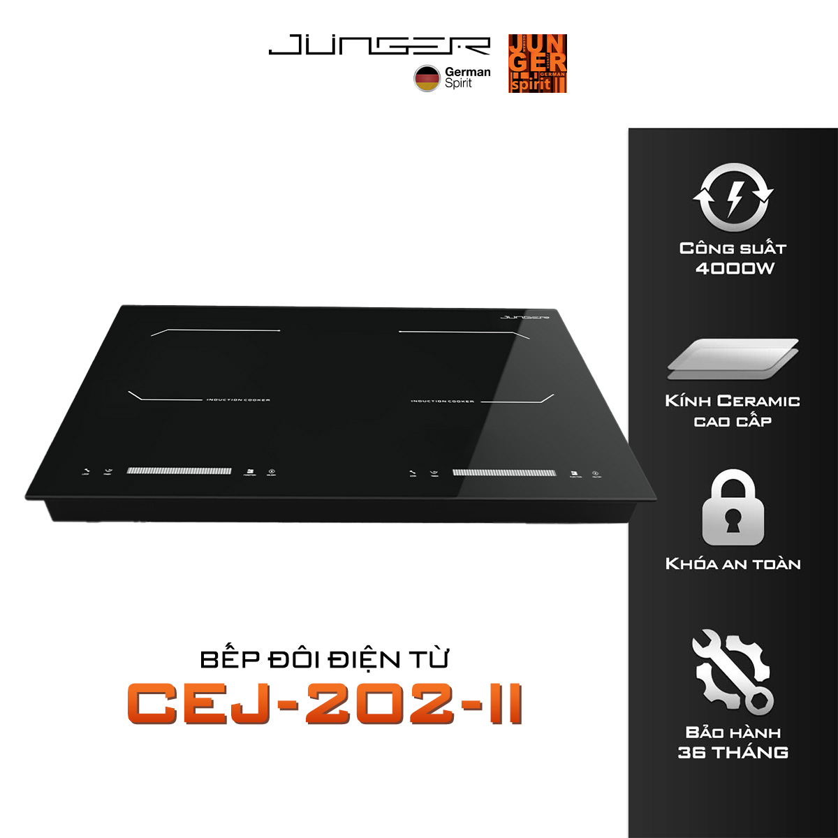 Bếp từ đôi junger cej-202-ii 4000w tích hợp khóa phím an toàn hàng chính hãng bảo hành 36 tháng