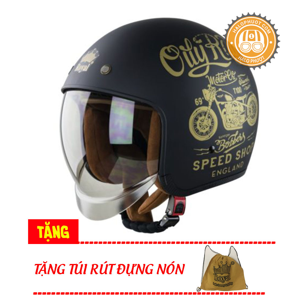 Nón bảo hiểm 3/4 kính âm Royal M139 tem V5 đen nhám (Tặng balo rút) (Bảo hành trọn đời)