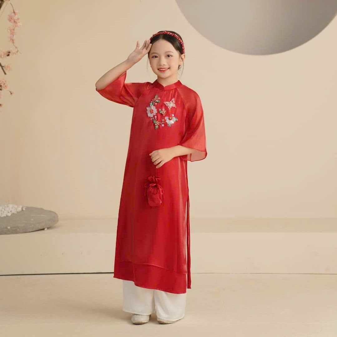 Áo dài bé gái ivy áo dài tết may sẵn áo dài bé gái chất liệu tơ cao cấp họa tiết thêu tay tỉ mỉ