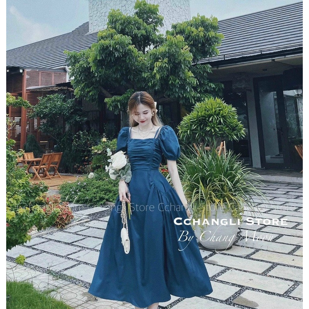 Đầm xòe chữ A kiểu cổ vuông tay ngắn bồng DUTIEC17