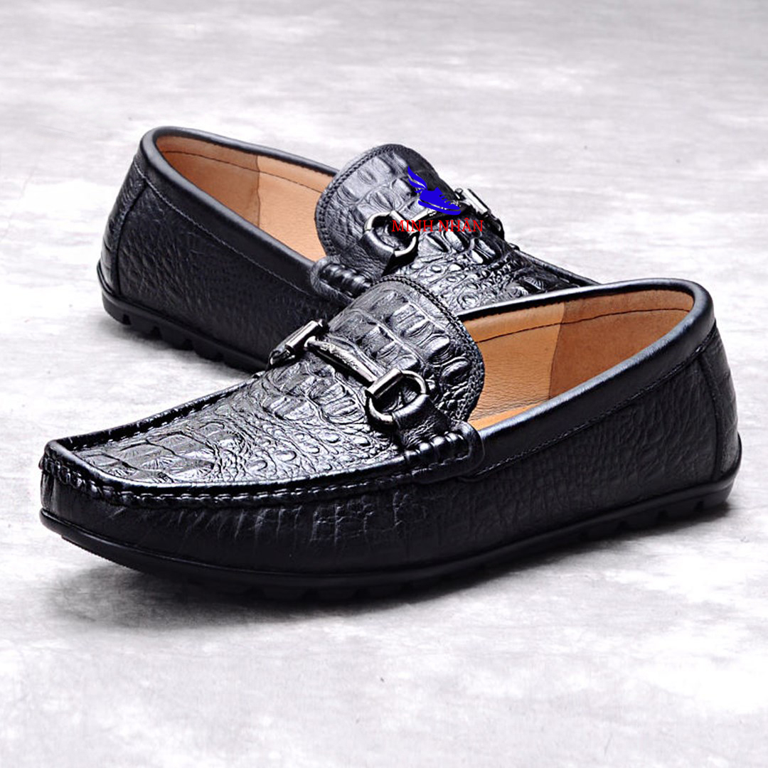 Giày mọi nam da bò Giày lười nam đế bệt da bò Giày xỏ giày mọi nam cao cấp da nhăn da bò dày hàng hiệu giá rẻ M-6 màu đen