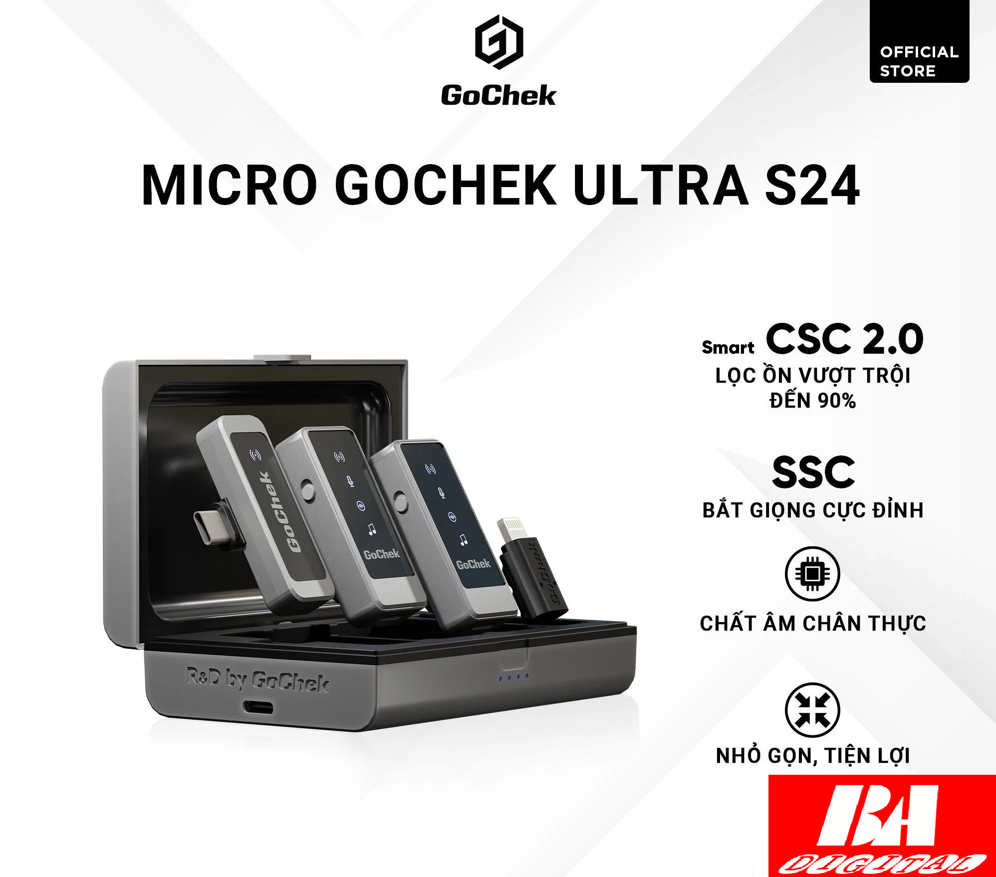 Micro thu âm không dây GoChek Ultra S24 - Bộ 02 mic có hộp sạc | Khử tiếng ồn phù hợp livestream/ quay video/ ghi âm | cho điện thoại