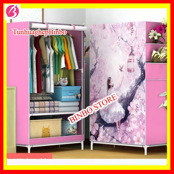 Tủ vải đựng quần áo 1 buồng 2 ngăn kích thước 150 x 69 x 41cm màu hồng in 3d - Tủ Vải Khung Inox Treo Quần Áo Nhỏ Gọn Tiện Dụng