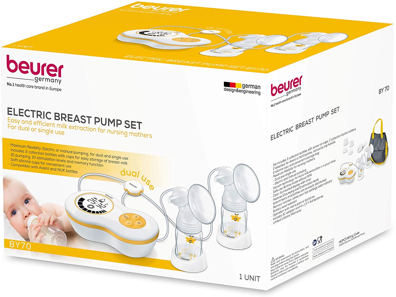 Máy hút sữa điện đôi Beurer BY70 với 10 cấp độ hút sử dụng nguồn điện hoặc pin màn hình chiếu sáng