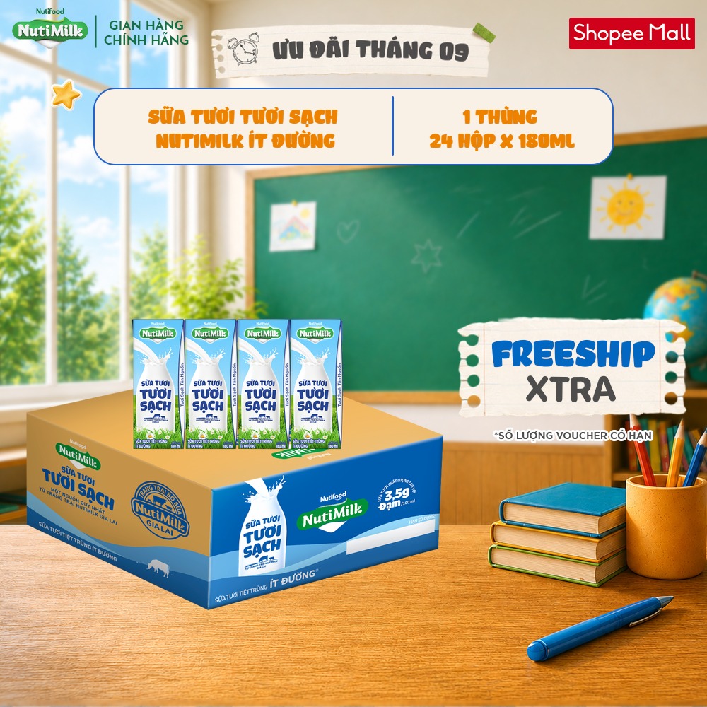 Thùng 24 Hộp Sữa Tươi Tươi Sạch NutiMilk Ít Đường Hộp 180ml