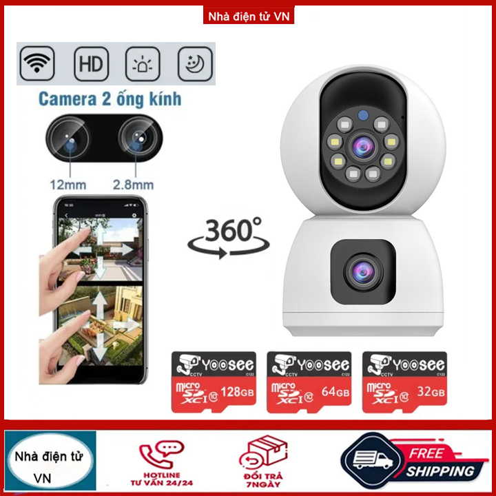 camera trong nhà 2 Mắt Kép XOAY 360 ĐỘ Kết nối wifi Hình Ảnh Sắc Nét Có thẻ nhớ XEM ĐÊM CÓ MÀU THEO DÕI CHUYỂN ĐỘNG