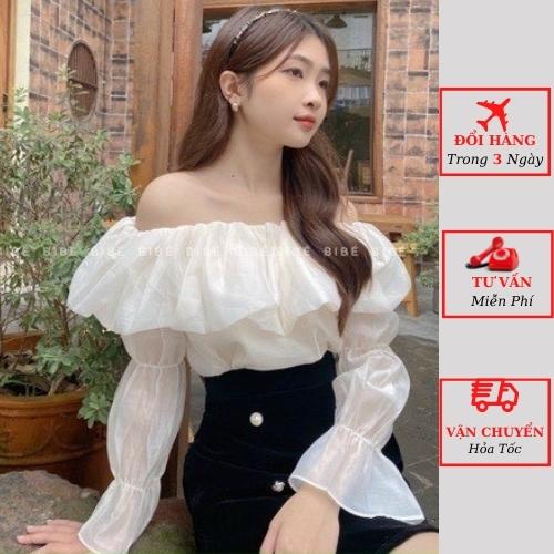 Áo trễ vai voan tơ tay bồng tiểu thư bánh bèo ulzzang Hàn Quốc