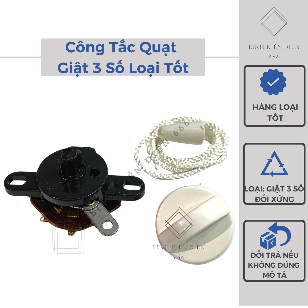 Công tắc quạt giật 3 số loại tốt đối xứng công tắc xoay cho quạt treo tường CTQG3S