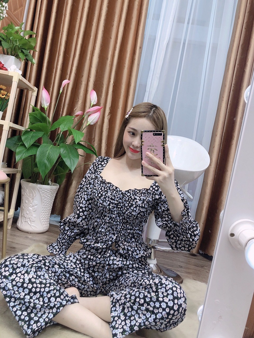 Sét bộ lụa hoa rút ngực cao cấp-DT