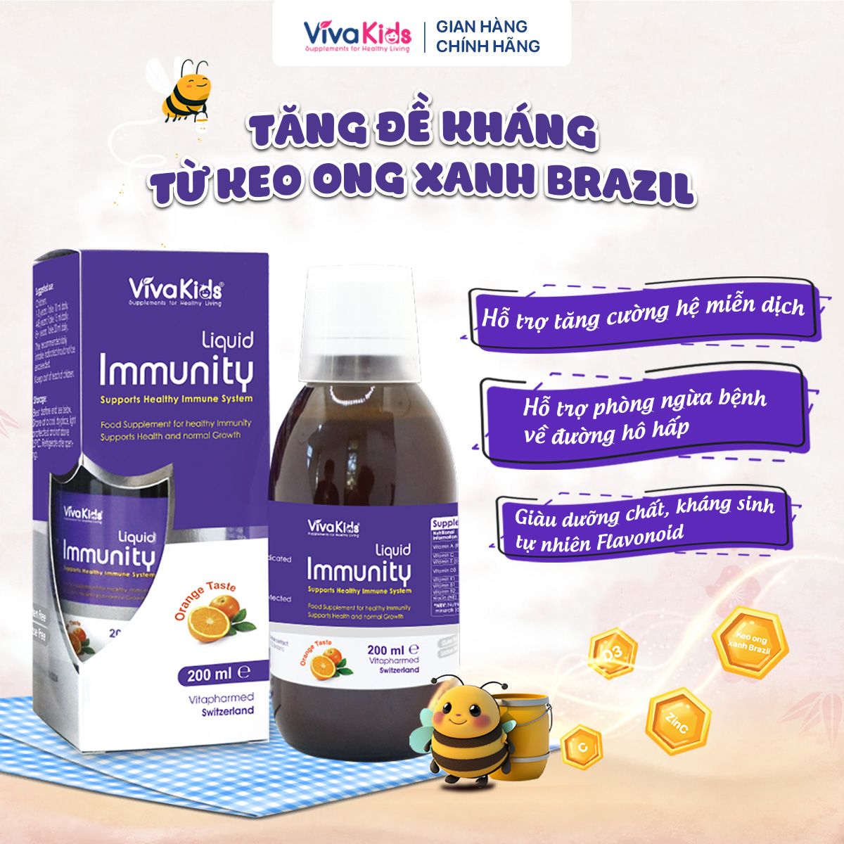 Siro Tăng đề kháng thúc đẩy hệ miễn dịch VivaKids Immunity 200 ml