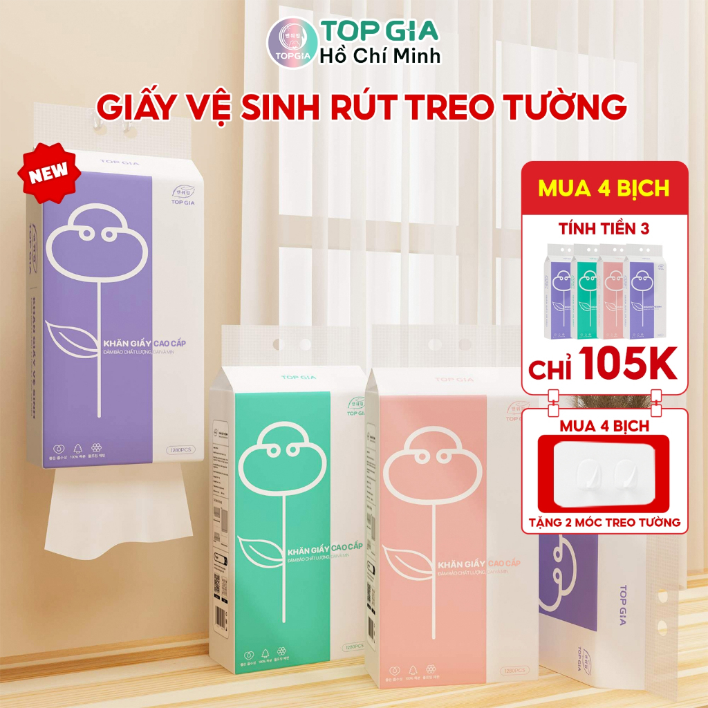 Giấy vệ sinh rút TopGia khăn giấy rút treo tường 1280 tờ 4 lớp từ bột gỗ nguyên chất siêu dai mềm mại tặng kèm móc treo tiện lợi