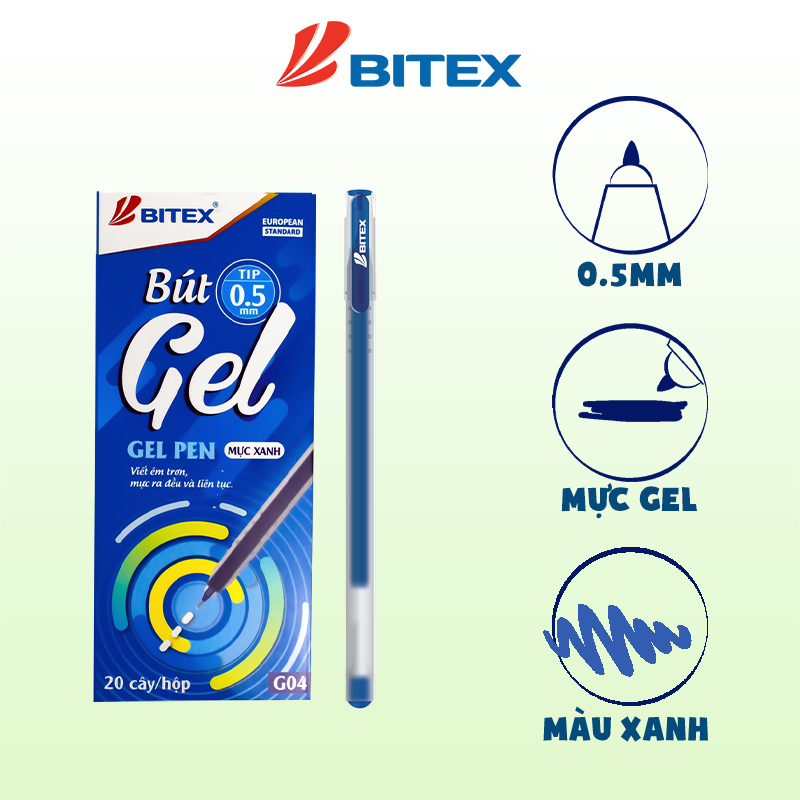 Bút gel Bitex mực xanh, đỏ, đen G04 1 cây
