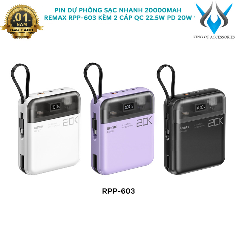 Pin dự phòng Remax RPP-603 20000mAh tích hợp 2 cáp sạc nhanh có sạc dòng thấp cho tai nghe AP - QC 22.5W và PD 20W (màu ngẫu nhiên) Phụ kiện 1986