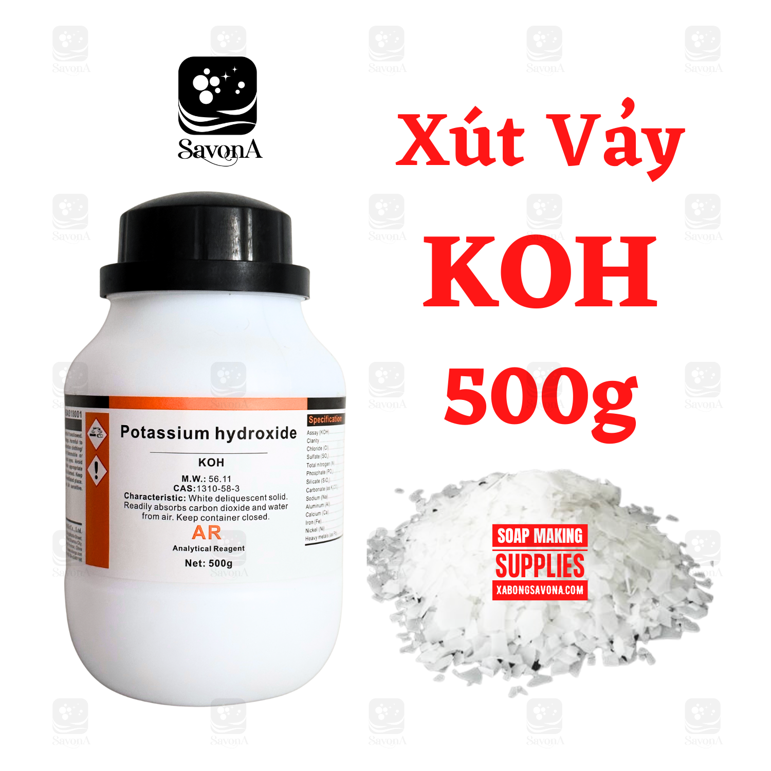 Potassium hydroxide - Xút KOH - Kali Hydroxide - KOH Làm Xà Phòng, Phân Bón - KOH 85% Xilong Chai 500g CAS 1310-58-3 SavonA
