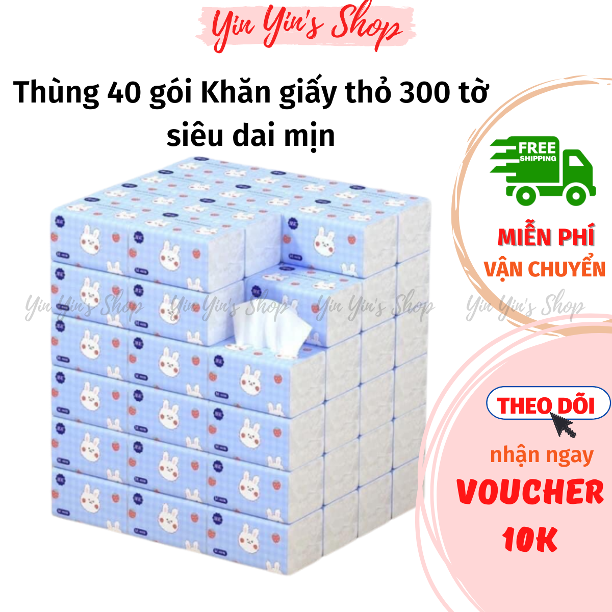 Thùng 40 gói khăn giấy, khăn ăn hình thỏ 3 lớp 300 tờ siêu dai, siêu mịn, giấy rút tiện lợi