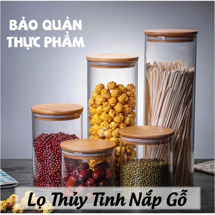 Lọ Thủy Tinh Nắp Gỗ cao cấp 650ml và 1L, Bình Thủy Tinh Đựng thực phẩm nắp kín chống ẩm mốc bảo quản đồ khô