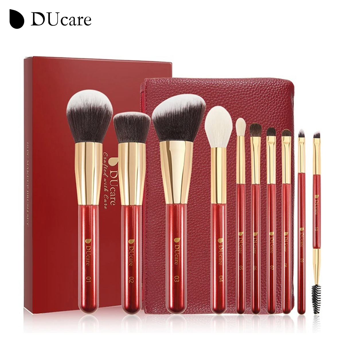  DUcare 10Pcs Set Makeup Brush with Bag Red Powder Eyeshadow Foundation Eyebrow Contour Blending Cosmetics Brushes Maquillage Tools【Post in 24 Hours & 90 Days Warranty Services  