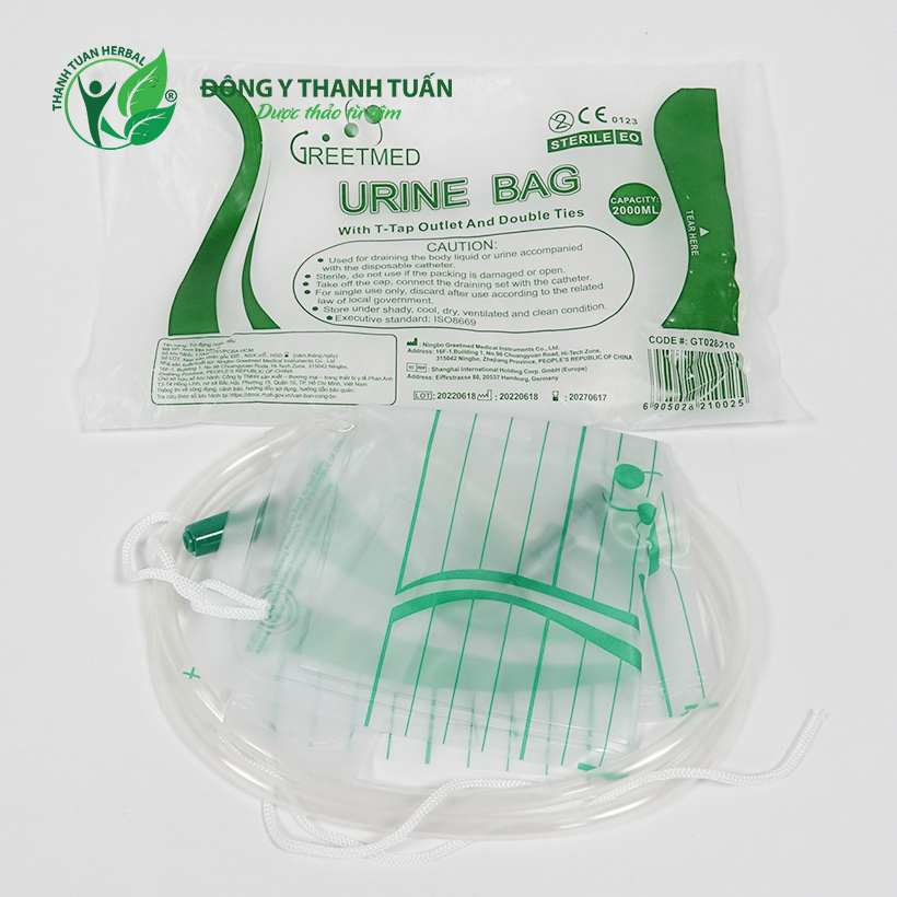 Túi chứa nước tiểu túi đựng nước tiểu van xả ngang chữ T hoặc van thẳng có dây treo 2000ml URINE BAG Greetmed