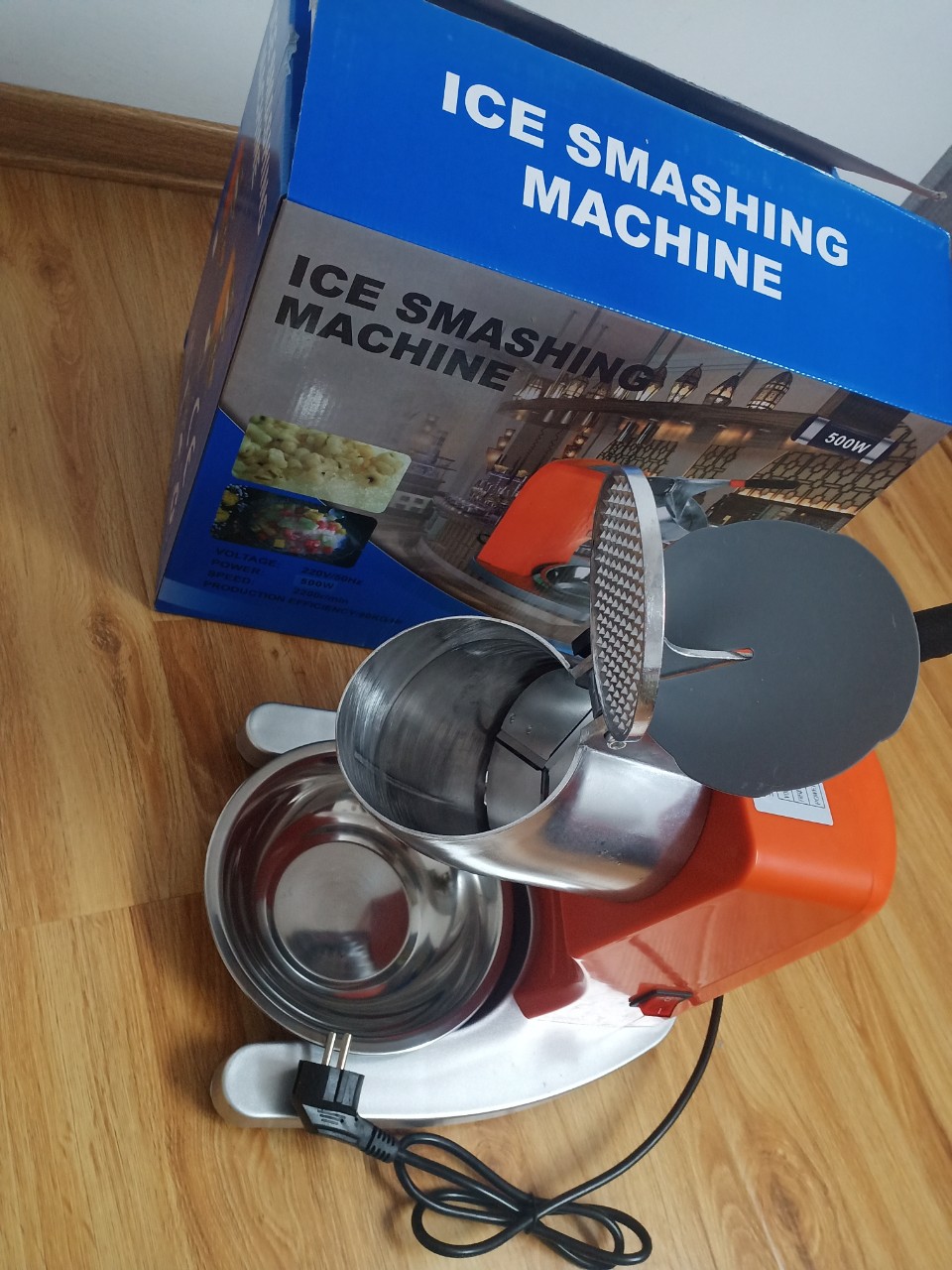 Máy Bào Đá, Xay Đá Tuyết Hongke 500 W 3 Lưỡi Thép 2 Nắp Công Nghệ Mới