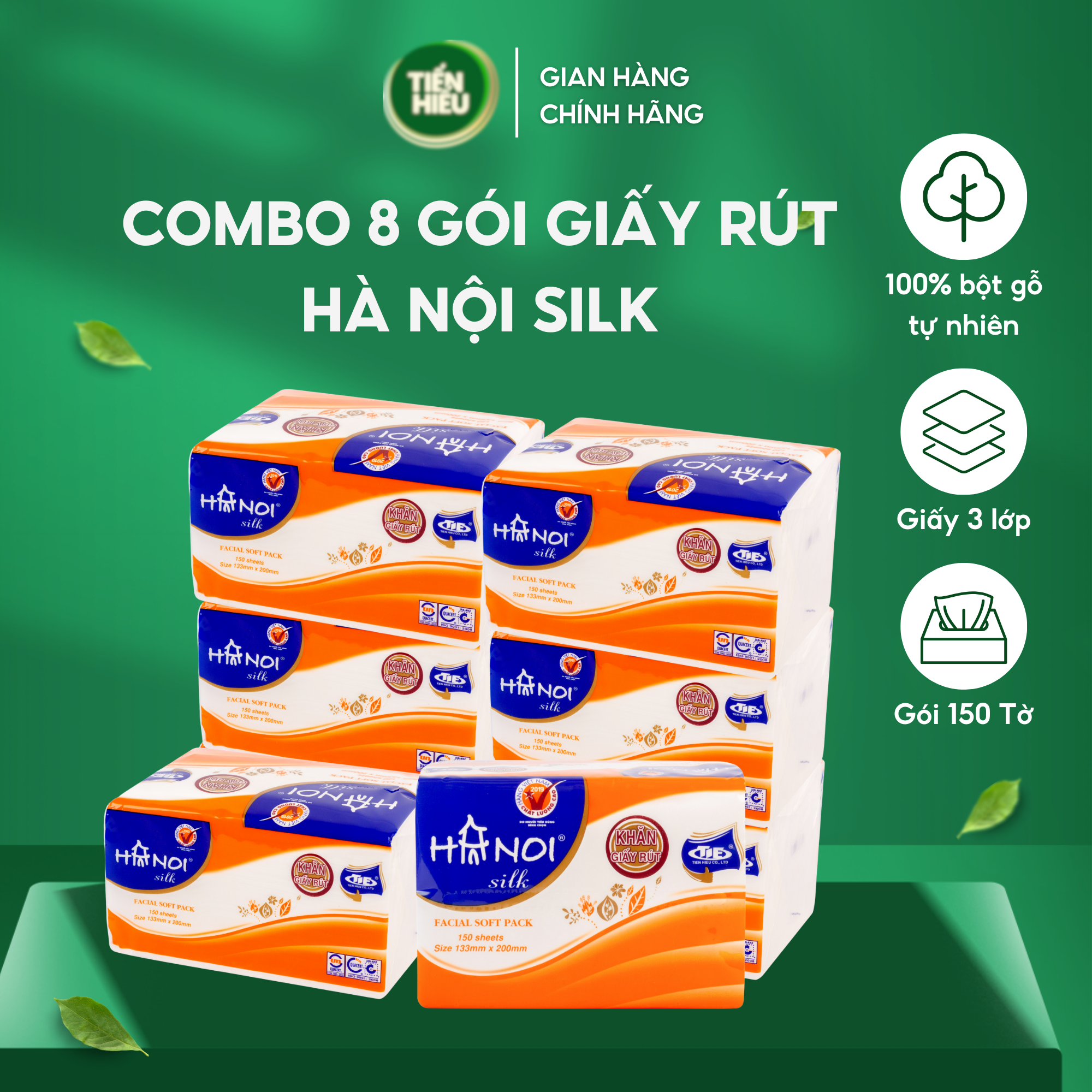 Combo 8 Gói Giấy Ăn Rút Hà Nội Silk 150 Tờ x 3 Lớp Giá Mềm, Khăn Giấy 100% Gỗ Tự Nhiên Mềm Mại Bền Dai An Toàn Cho Bé
