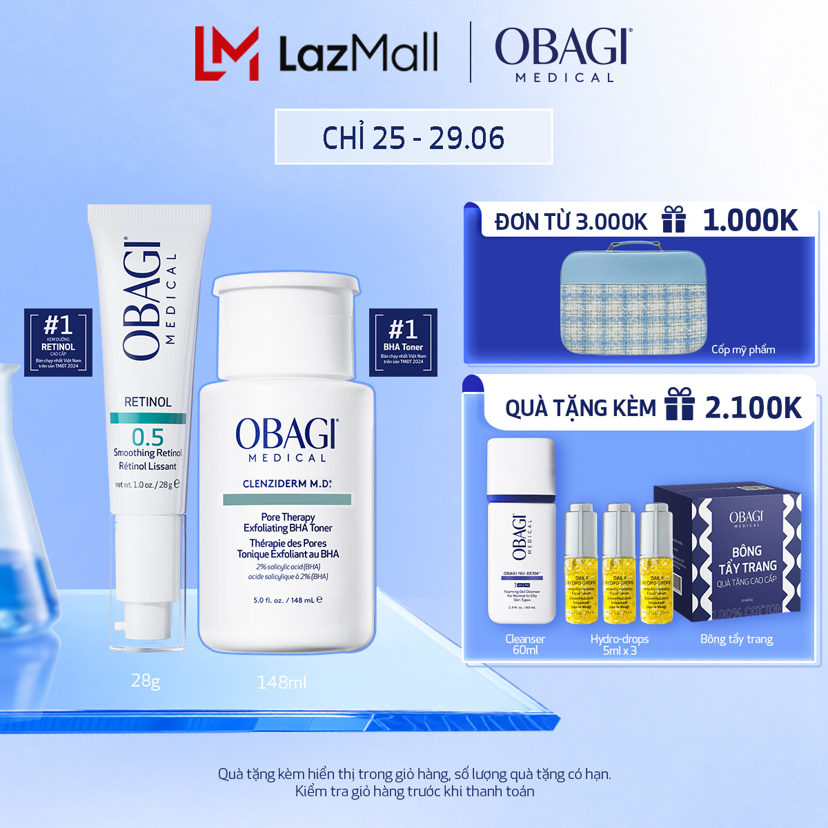 [Phiên bản mới] Bộ đôi dưỡng da Toner BHA làm sạch mụn và tẩy tế bào chết Obagi Medical Clenziderm M.D 148ml và Kem Chống Lão Hóa  Tái Tạo Da Obagi 360 Retinol 0.5 28g